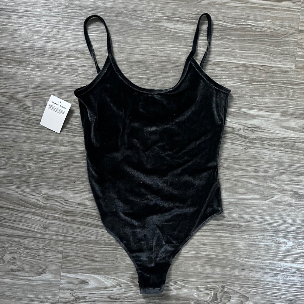 American Apparel Womens Black Velvet Bodysuit Spaghetti Strap Scoop Neck M NEW